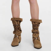 Bohemian Strappy Knee High Pointed Toe Suede Low Block Boots - Brown